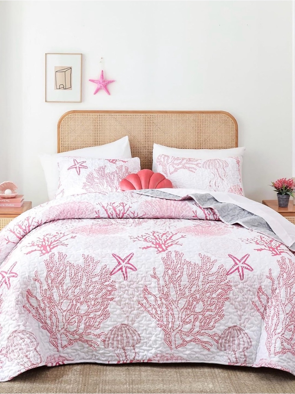 Queen Coastal / Nautical Pink Quilt Bedding Set (3 Pieces)